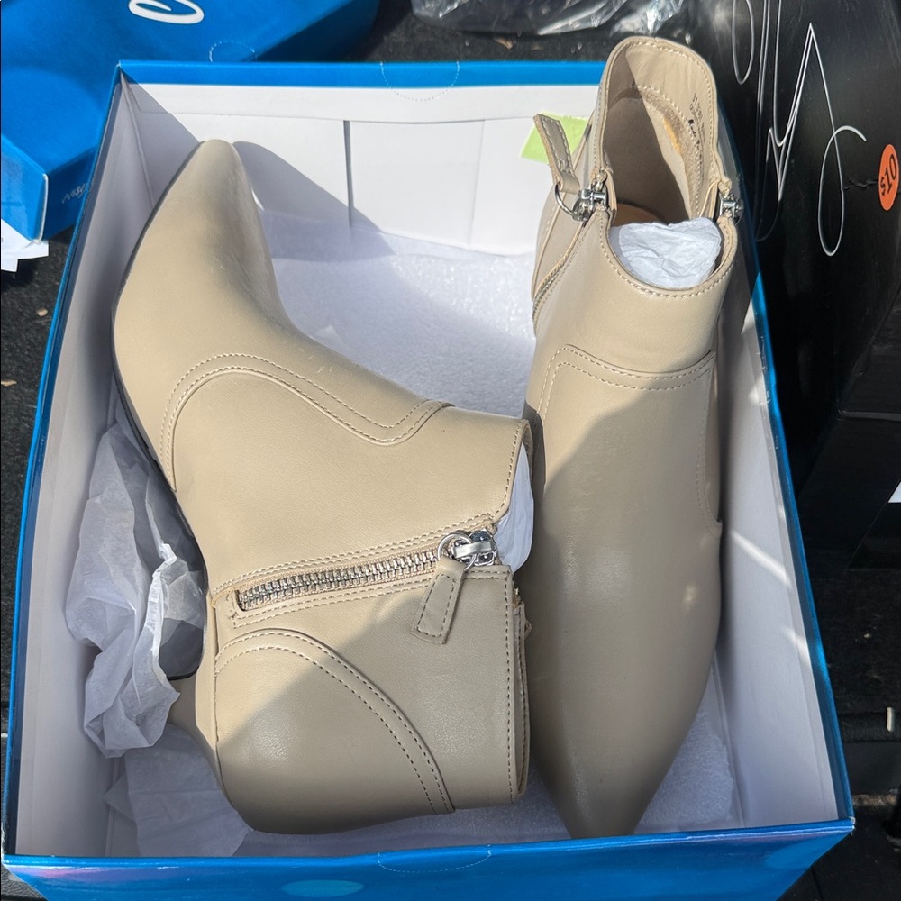 easy street Beige Pointed Toe Ankle Booties with Side Zipper almond color